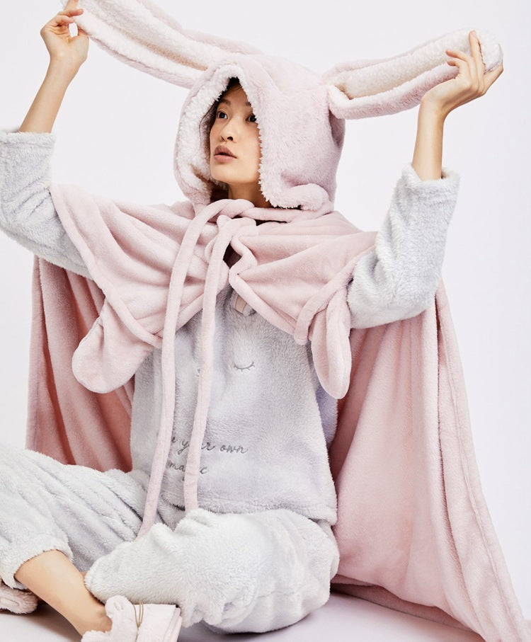Cute Thick Rabbit Cape Shawl Blanket, Rabbit Fleece Blanket