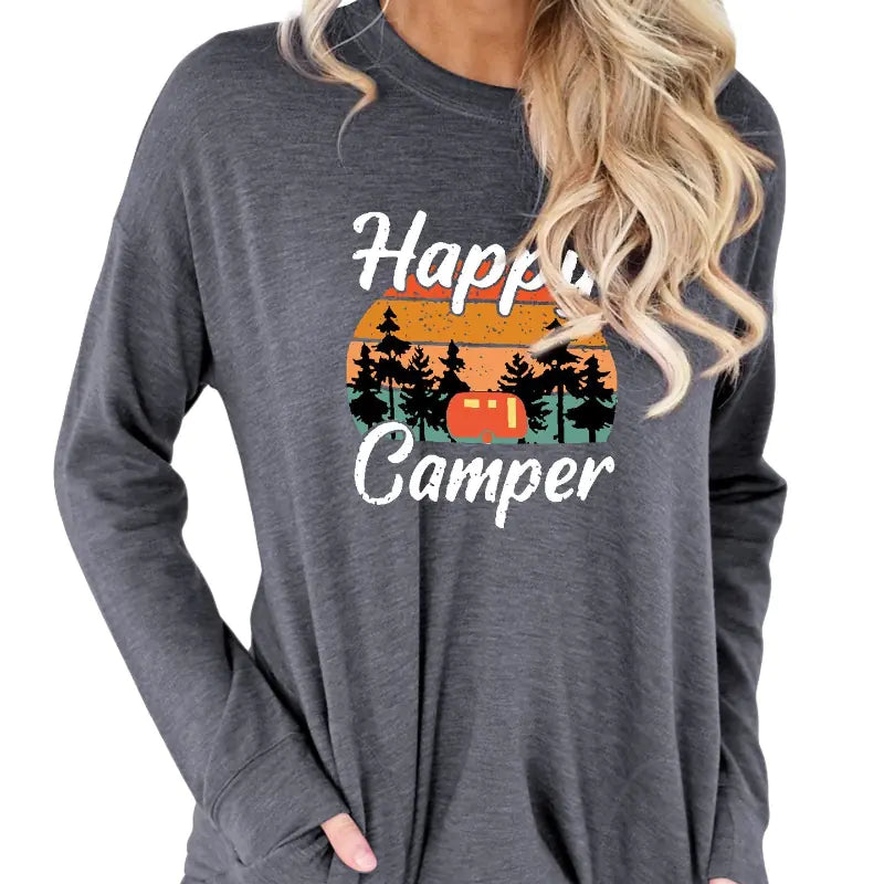 Women's Happy Camper Print Long Sleeve Pullover T-Shirt