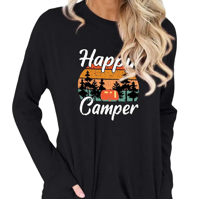 Women's Happy Camper Print Long Sleeve Pullover T-Shirt