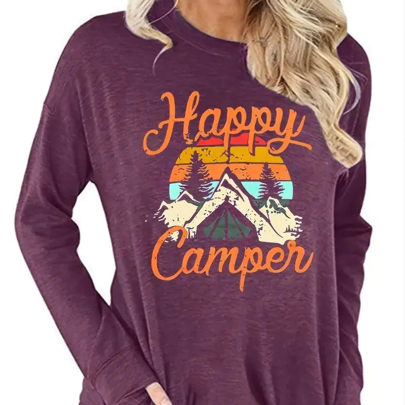 Women's Happy Camper Print Long Sleeve Pullover T-Shirt