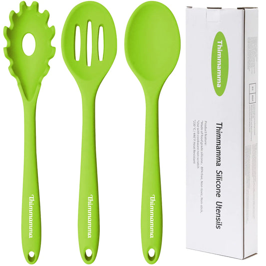 Silicone Cooking Spoons Heat Resistant Large Silicone Pasta Slotted Spoon Solid Basting Spoon set for Nonstick Cookware BPA Free Black Kitchen Silicone Spoons set for Mixing Serving Draining Green