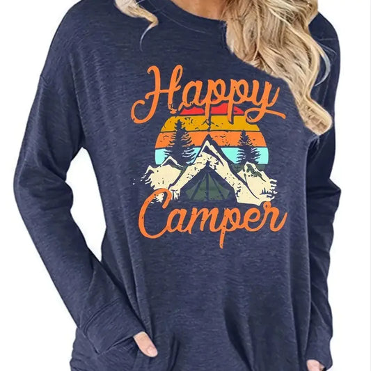 Women's Happy Camper Print Long Sleeve Pullover T-Shirt